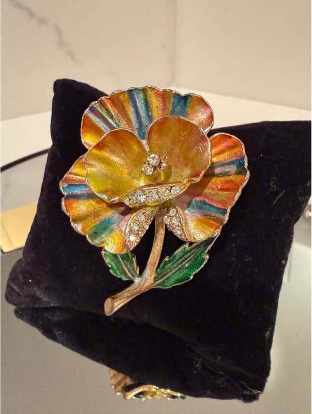 Vintage Enamel hand painted Green and Yellow Flower Brooch with Rhinestones